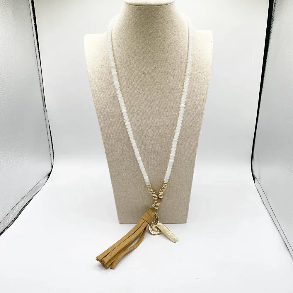 NWOT Chico's White And Gold-Tone Bead Faux Suede Tassel Wen Pendant Necklace